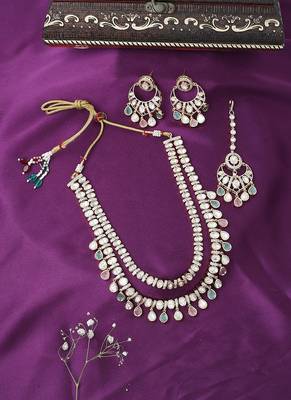 Multicolour Dual Layered Necklace Set With Green And Pink Stones 1