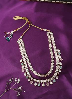 Multicolour Dual Layered Necklace Set With Green And Pink Stones 3