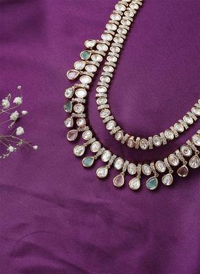 Multicolour Dual Layered Necklace Set With Green And Pink Stones 4