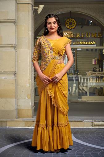 Trendmalls Yellow Georgette Ready To Wear Pre Stitched Saree