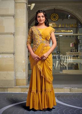 Trendmalls Yellow Georgette Ready To Wear Pre Stitched Saree 1