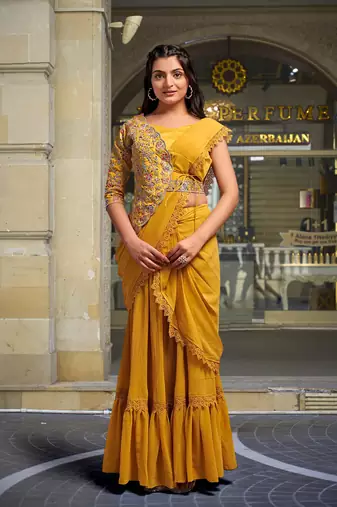 Trendmalls Yellow Georgette Ready To Wear Pre Stitched Saree