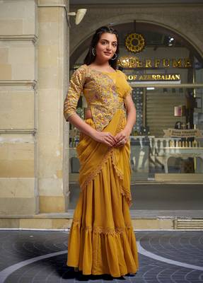 Trendmalls Yellow Georgette Ready To Wear Pre Stitched Saree 3