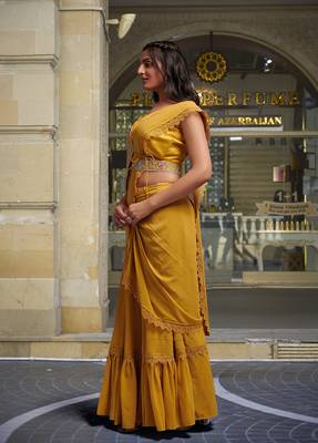 Trendmalls Yellow Georgette Ready To Wear Pre Stitched Saree 4