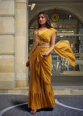 Trendmalls Yellow Georgette Ready To Wear Pre Stitched Saree 5