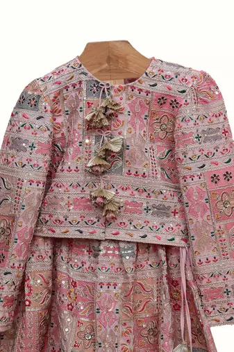 Pink silk embroidered thread lehenga and blouse set