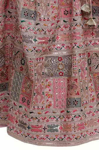 Pink silk embroidered thread lehenga and blouse set