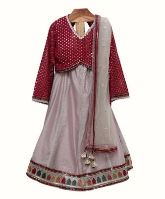 Maroon and grey silk chanderi lehenga set 1