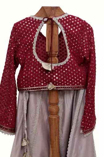 Maroon and grey silk chanderi lehenga set