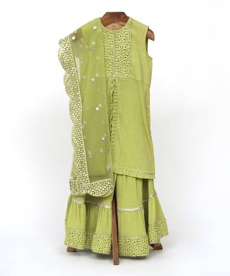 Green  crushed cotton embroidered sharara set 1