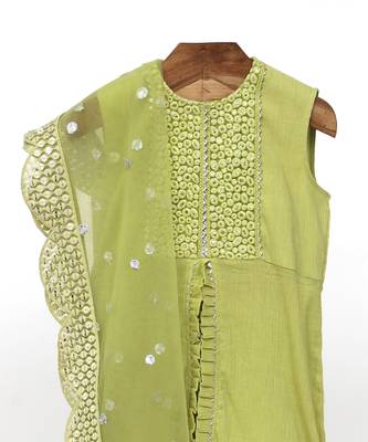 Green  crushed cotton embroidered sharara set 2