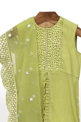 Green  crushed cotton embroidered sharara set