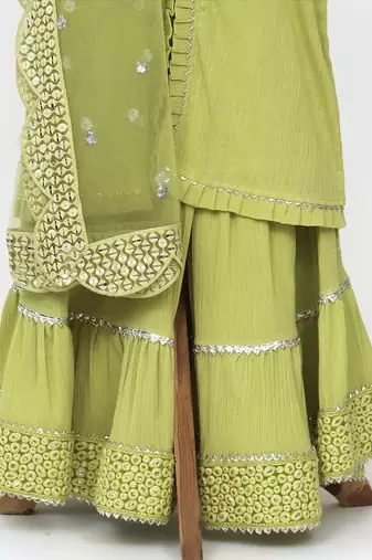 Green  crushed cotton embroidered sharara set