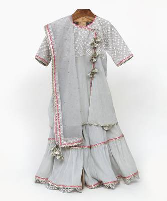 Grey  crushed cotton embroidered  sharara set 1