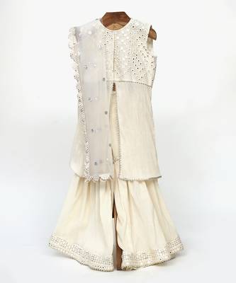 Off white crushed cotton embroidered  sharara set 1