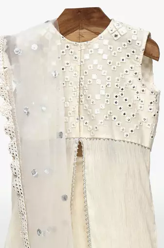 Off white crushed cotton embroidered  sharara set