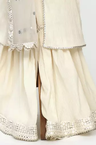 Off white crushed cotton embroidered  sharara set