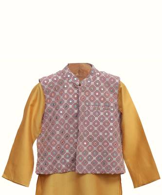 Golden embroidered chanderi silk kurta pyjama set 2