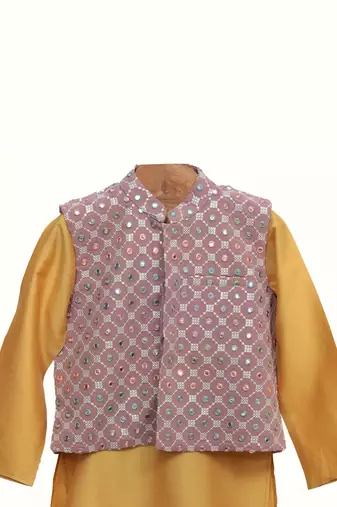 Golden embroidered chanderi silk kurta pyjama set