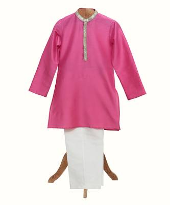Pink embroidered chanderi silk kurta pyjama set 1