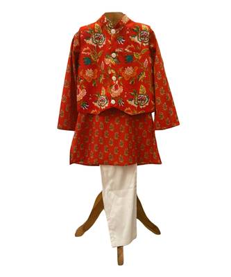 Red and white printed cotton kurta pyjama with jacket 1