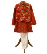 Red and white printed cotton kurta pyjama with jacket