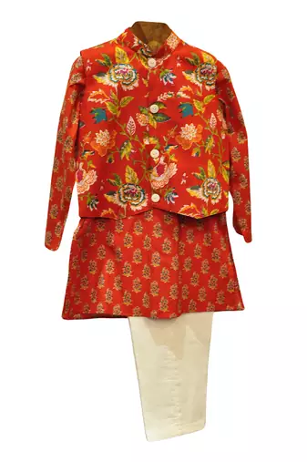 Red and white printed cotton kurta pyjama with jacket