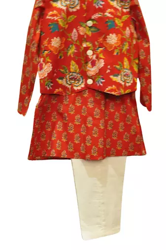 Red and white printed cotton kurta pyjama with jacket
