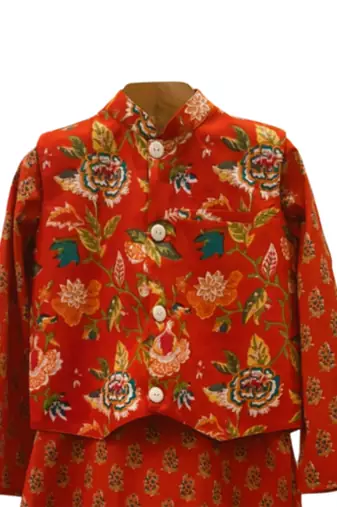 Red and white printed cotton kurta pyjama with jacket