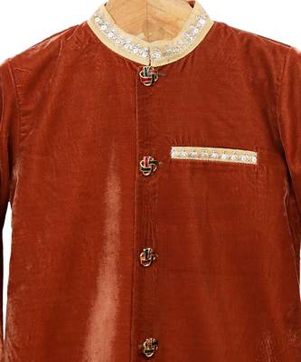 Golden brown plain cotton velvet sherwani set 2
