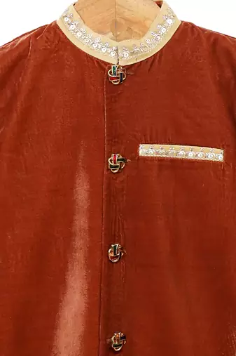 Golden brown plain cotton velvet sherwani set