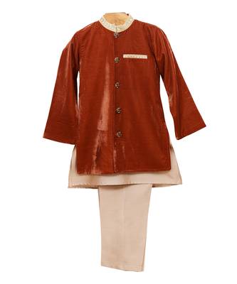 Golden brown plain cotton velvet sherwani set 1