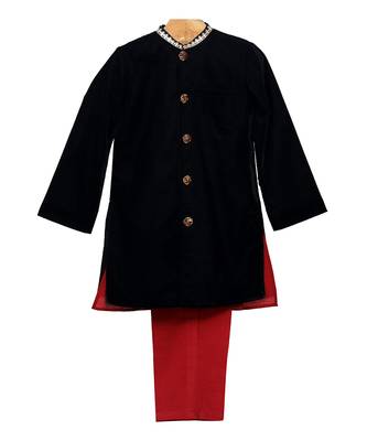 Black plain cotton velvet sherwani set 1