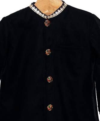 Black plain cotton velvet sherwani set 2