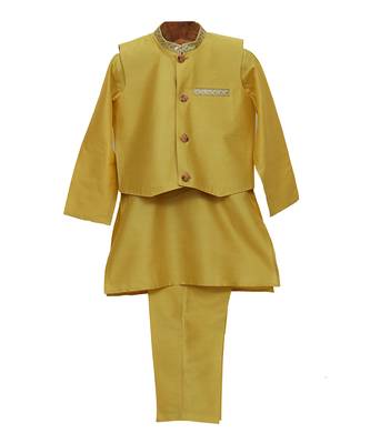 Golden plain cotton kurta pyjama with jacket 1