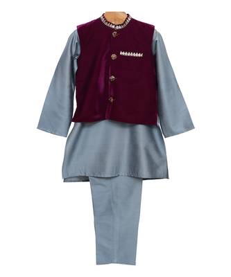 Grey plain cotton kurta pyjama set 1