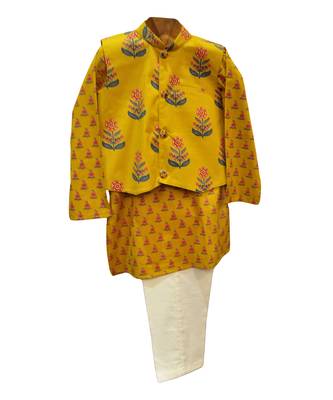 Yellow  printed cotton  kurta pyjama with jacket 1