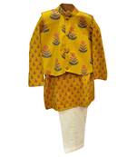 Yellow  printed cotton  kurta pyjama with jacket