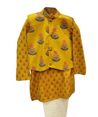 Yellow  printed cotton  kurta pyjama with jacket 2