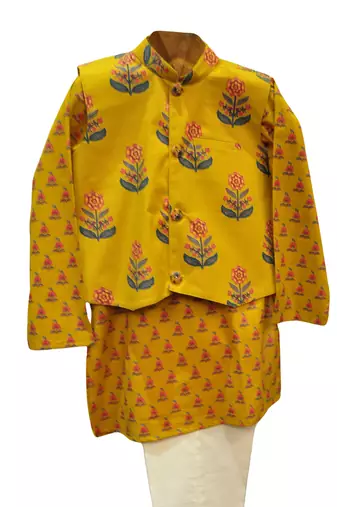 Yellow  printed cotton  kurta pyjama with jacket