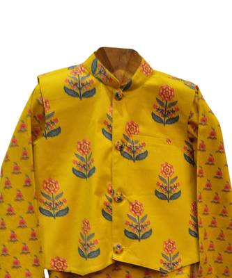 Yellow  printed cotton  kurta pyjama with jacket 3