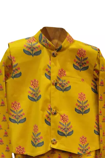 Yellow  printed cotton  kurta pyjama with jacket