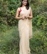 Handloom Beige Cotton Saree With Tassels - Without Blouse