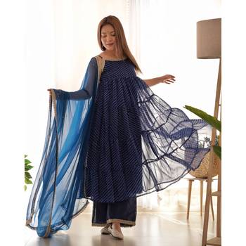 Navy blue leheriya anarkali palazzo set with dupatta 1