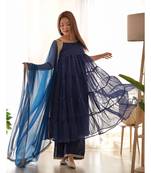 Navy blue leheriya anarkali palazzo set with dupatta