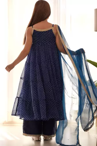 Navy blue leheriya anarkali palazzo set with dupatta