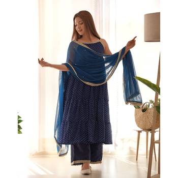 Navy blue leheriya anarkali palazzo set with dupatta 4