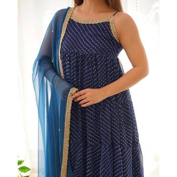 Navy blue leheriya anarkali palazzo set with dupatta 5