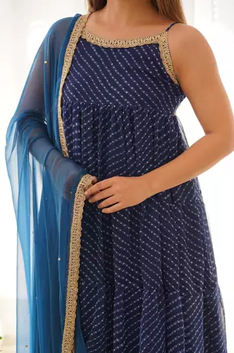Navy blue leheriya anarkali palazzo set with dupatta