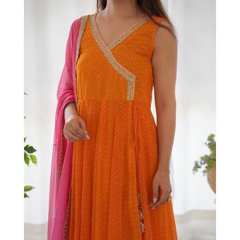 Yellow leheriya angrakha anarkali pant set with dupatta 4